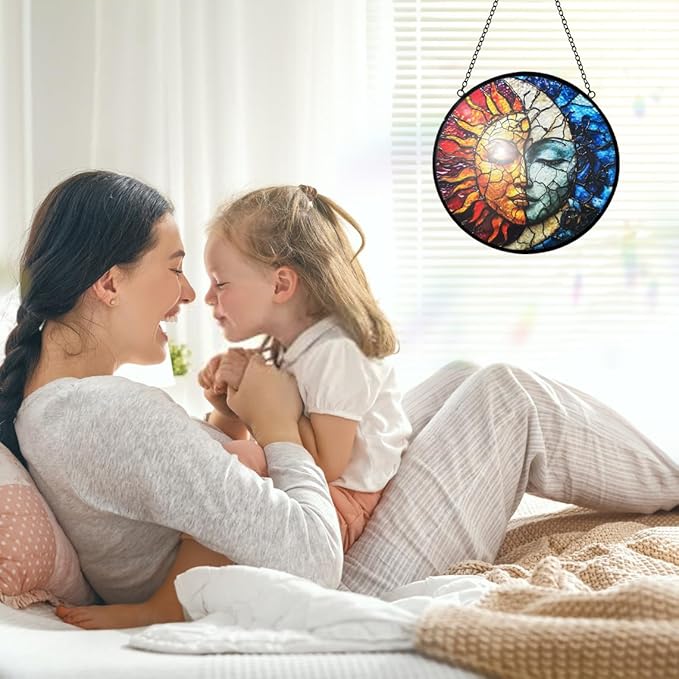 Sun and Moon Decor Suncatcher Stained Glass Window Hanging - Wall Art Stained Glass Suncatchers for Windows Hanging - Home Sun Catchers Indoor Window with Chain - Celestial Decor Gifts for Women Mom-VerdiqueGarden
