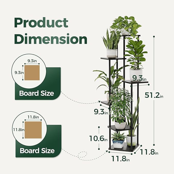 Bamworld 6 Tier Plant Stand Indoor, Tall Metal Plant Shelf for Multiple Plants, Corner Tiered Flower Stand for Patio Garden Balcony Living Room Bedroom(Black)-VerdiqueGarden