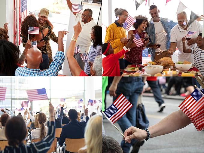 100pcs Small American Flags on Stick, Handheld 8 x 5.5 Inchs Mini American Flags with Kid-Safe Golden Spear Top, US Flags for 4th of July Decorations Outdoor, Independence Day Decorations-VerdiqueGarden