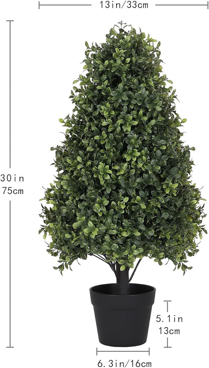 30" Boxwood Topiary Trees Artificial Outdoor Set of 2, UV Resistant Faux Plants for Front Porch Planters, Realistic Cone-Shaped Fake Bushes & Shrubs, 2.5ft Evergreen Decoration-VerdiqueGarden