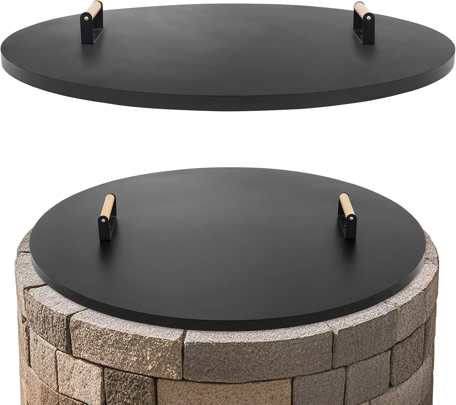 1MORE Fire Pit Lid Round 38" - Metal Firepits Cover with Wooden Handles for Patio Firepits,Rust Resistant 1.5mm Fire Pits Metal Lid, Firepits Accessory, Fire Pits Cover Round, All-season Protective-VerdiqueGarden