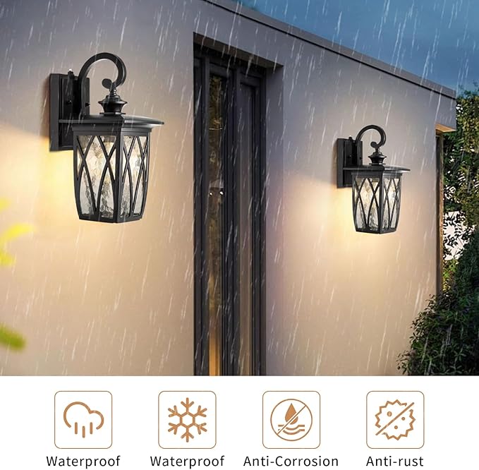 JYZ Dusk to Dawn Outdoor Wall Lantern, Craftsman Style Exterior Sconce Light with Water Ripple Glass, Traditional Porch Light Fixture Wall Mount Lamp for Front Porch Doorway Garage Patio Garden-VerdiqueGarden