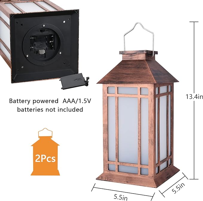2-Pack 13" Vintage Candle Lantern with Led Flameless Candle (6hr Timer) - IP65 Waterproof Battery Powered - Outdoor Patio Hanging Lanterns Decorative Tabletop Lanterns-VerdiqueGarden