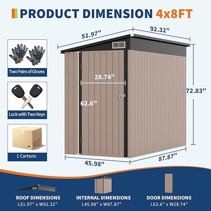 4x8 FT Metal Outdoor Lean to Storage Shed, Lean to Garden Shed Utility Tool Shed, Heavy-Duty Outdoor Metal Wall Side Storage Sheds-VerdiqueGarden