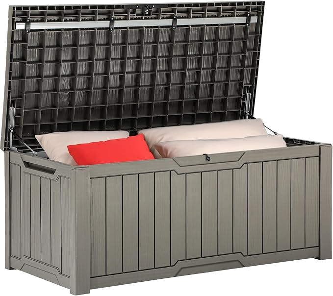 YITAHOME 120 Gallon Outdoor Storage Deck Box, Large Resin Patio Storage for Outdoor Pillows, Garden Tools and Pool Supplies, Waterproof, Lockable (Light Brown)-VerdiqueGarden