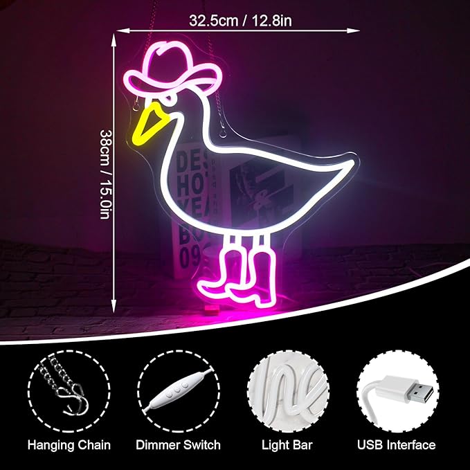 Cowboy Duck Neon Sign,Duck Neon Signs Cowgirl Boots Neon Signs for Wall Decor, USB Connectivity Pink LED Signs for Bedroom Living Room Kids Room Home Bar Birthday Party-VerdiqueGarden