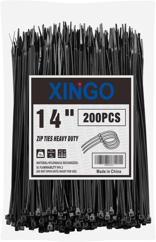 XINGO 14 Inch Black Zip Ties 200 PCS, 75 LBS Tensile Strength, UV Resistant Cable Ties, Premium Self-locking Plastic Ties for Indoor and Outdoor Use-VerdiqueGarden
