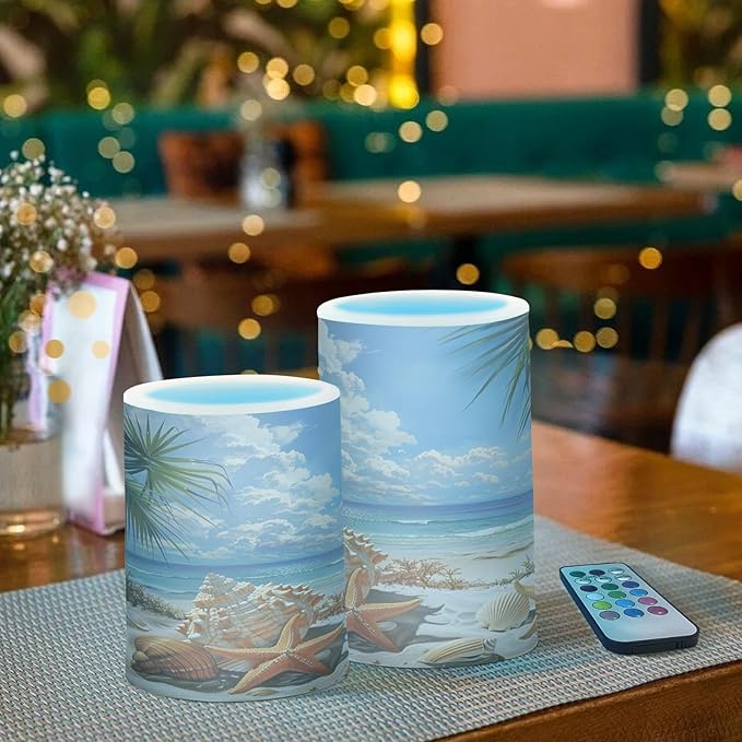 Flickering Flameless Candles, Starfish Seashell Beach Palm LED Candles with Remote Timer, Set of 2 Battery Operated Candle for Valentine Wedding Birthday-VerdiqueGarden