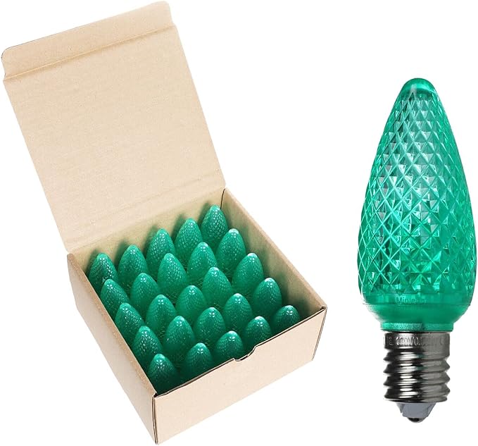 UL Listed Set of 25 C9 Green LED Christmas Lights Replacement Bulbs, Dimmable High Brightness Waterproof Christmas Replacement Bulbs for Outdoor Holiday Decoration-VerdiqueGarden