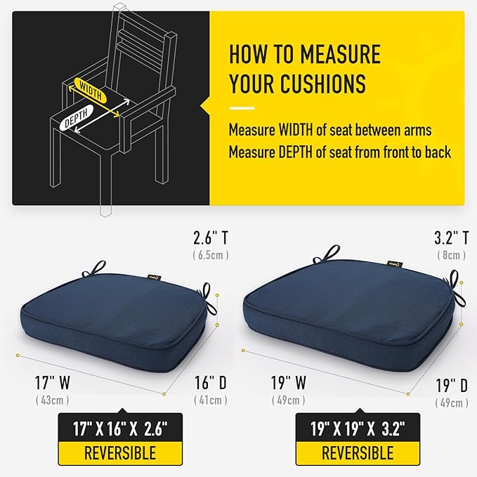 SUNROX Gel Memory Foam Chair Cushion with Ties, Ultra Durable Water Resistant FadeShield Outdoor/Indoor Reversible Chair Seat Cushion 17 x 16 inch Set of 4, Navy-VerdiqueGarden