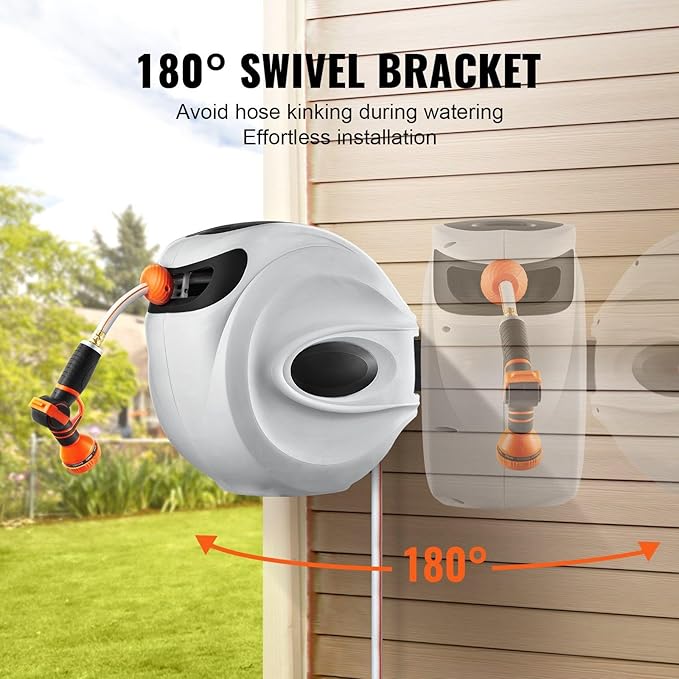 65' x 5/8" Retractable Hose Reel Wall-Mounted with 180° Swivel–Heavy-Duty Automatic Water Hose Storage for Garden,Yard,and Outdoor Use-VerdiqueGarden