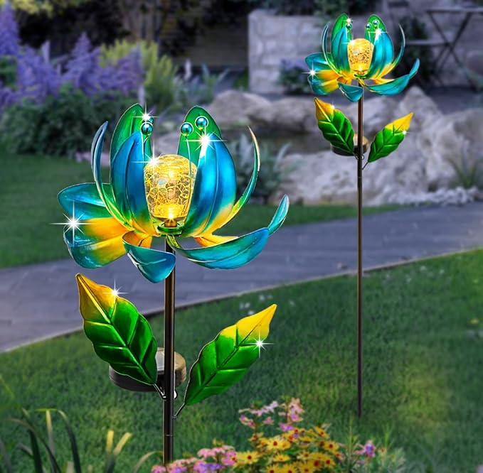 Solar Yard Lights Wind Spinners- Metal Lotus Flower Garden Decor LED Crackle Glass Globe Yard Art Sculpture Solar Stake Lights for Patio Pathway Lawn Walkway-VerdiqueGarden