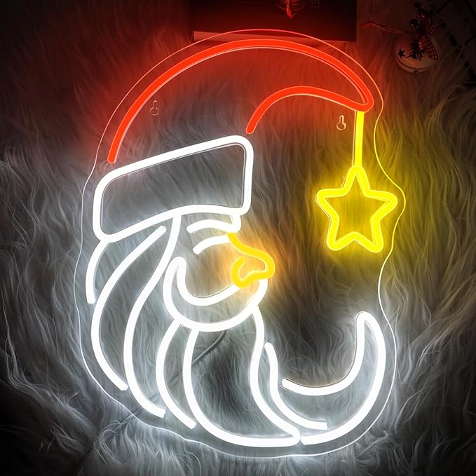 Moon Christmas Santa Neon Sign,Cute Anime Neon Light,Moon Star Neon Sign for Wall Decor,Red Christmas Hat USB Neon Light Sign for Party Store Living Room Bar Door Kids Bedroom Christmas Gift-VerdiqueGarden