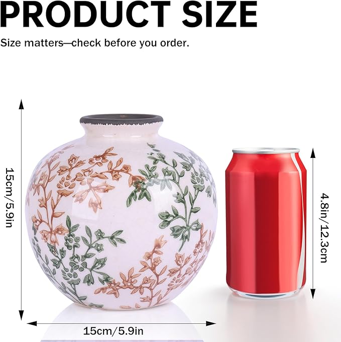 Green, White, and Brown Vintage Round vase, Chinese-Style Green Farmhouse Decorative vase, Suitable for Home Decor，Living Room, Dining Table, Office, Bookshelf, TV Cabinet, entryway Decor.-VerdiqueGarden