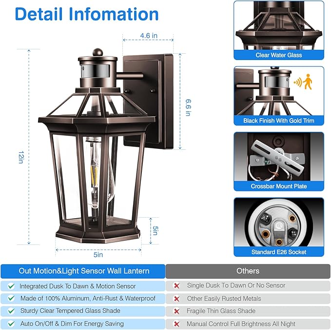 VIANIS Motion Sensor Outdoor Lights, Oil Rubbed Bronze Dusk to Dawn Outdoor Wall Lights Exterior, Waterproof Wall Lantern with Tempered Glass, Modern Outside Wall Sconce for Garage Front Porch, E26-VerdiqueGarden