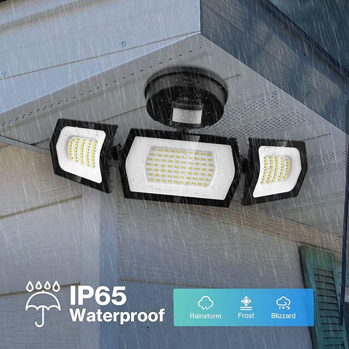 100W LED Flood Light Motion Sensor, 9000LM Motion Security Lights Outdoor, 3 Head Adjustable Floodlight, IP65 Waterproof Exterior Floodlights, 6500K Wall Light for Entryway, Yard, Garage-VerdiqueGarden