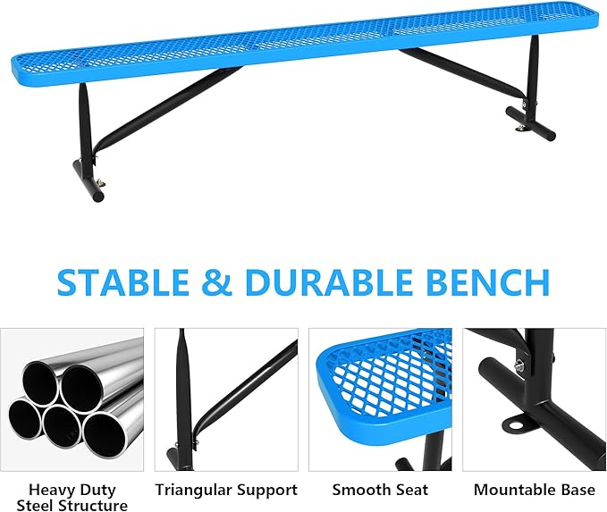 96" L Outdoor Metal Benches, Heavy Duty Garden Park Bench for Outside, Expanded Metal, Commercial Benches Mesh Bench for Shopping Mall, Store, Lawn, Park, Patio, Deck, Garden (Blue, 8FT)-VerdiqueGarden