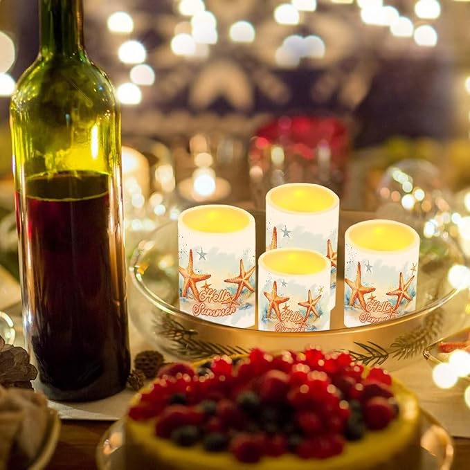 Flameless LED Candles Electric Candles with Remote Timer Control Color Changing Long Lasting Tealights Fake Candles Set of 4, Beach Themed Home Decoration, Starfish Hello Summer-VerdiqueGarden