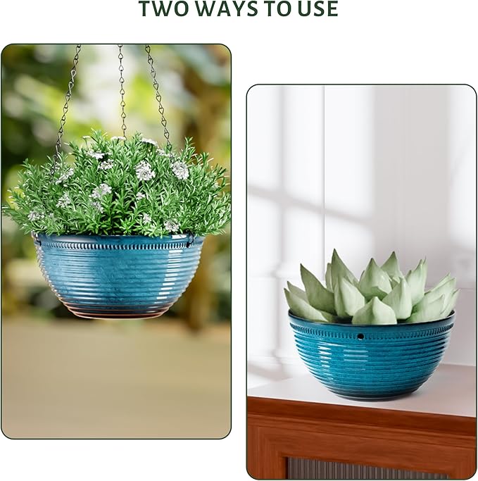 10in Hanging Planters for Indoor and Outdoor Plants, 2 Pack Hanging Planter with Drainage Hole, Round Hanging Flower Pots for Garden Home Decor (Blue)-VerdiqueGarden