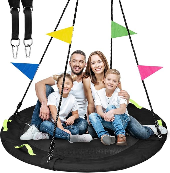 Tree Swing, 60 inch Larger Saucer Swing for Whole Family, 900lbs Weight Capacity, with Adjustable Hanging Straps, for Outdoor Backyard, Gifts for Kids, Black-VerdiqueGarden