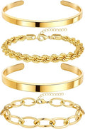 Chunky Gold Bracelets Stack for Women Non Tarnish, Waterproof 14K Gold Plated Bangle Cuff Bracelets Set for Women Trendy Thick Layered Cuban Link Chain Paperclip Rope Stackable Bracelet for Jewelry Gifts
