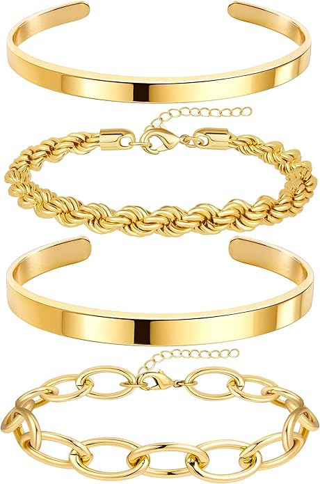 Chunky Gold Bracelets Stack for Women Non Tarnish, Waterproof 14K Gold Plated Bangle Cuff Bracelets Set for Women Trendy Thick Layered Cuban Link Chain Paperclip Rope Stackable Bracelet for Jewelry Gifts