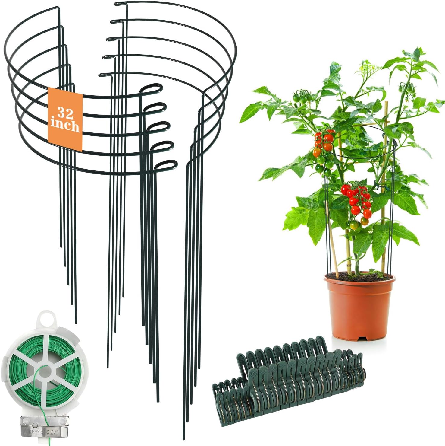 32 inch Plant Support Stakes, 10 Pack Half Round Metal Garden Plant Stake Heavy-Duty Plant Support Ring and Cage with Plant Clip & Twist Tie for Indoor and Outdoor Plants, Vegetable, Flowers-VerdiqueGarden