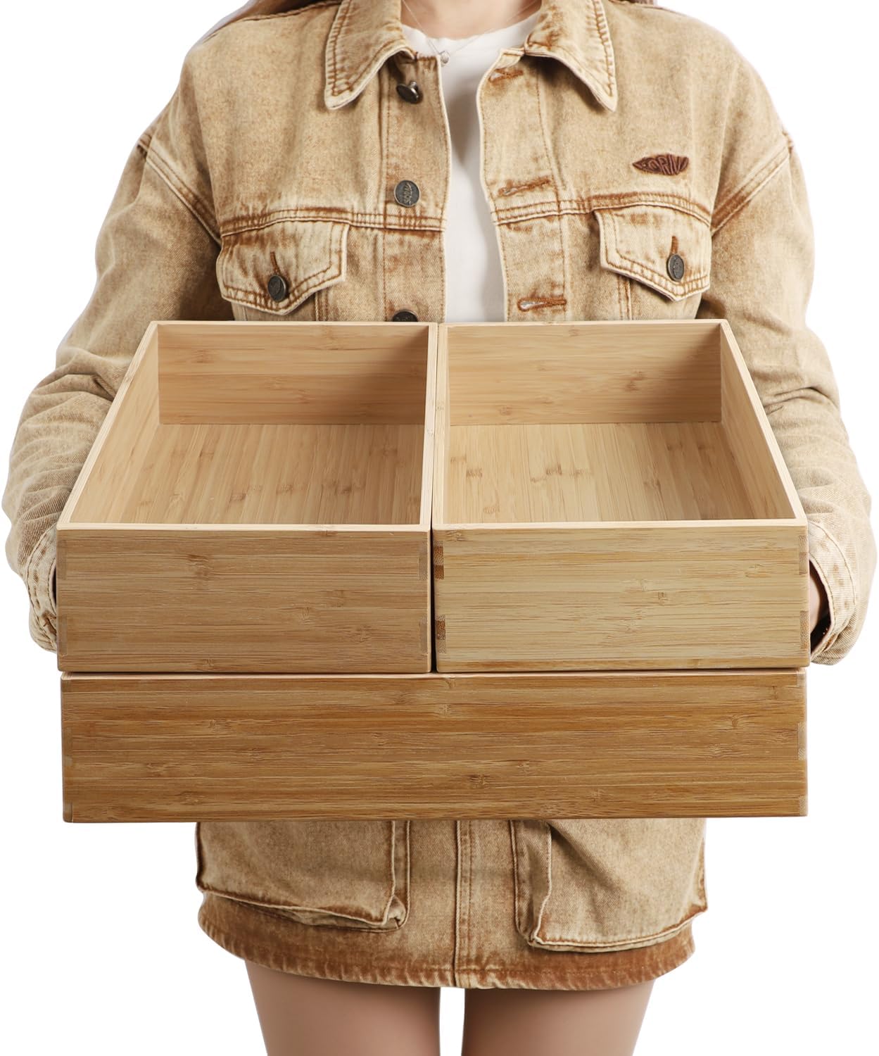 3-Piece Large Bamboo Storage Box Set, 3.9 in High, Stackable Deep-Drawer Organizer for Kitchen Cutlery, Cookware, Utensils & Knives, Lidless Wooden Bin (14.6"x10.2"*1+10.2"x7.3"*2)-VerdiqueGarden