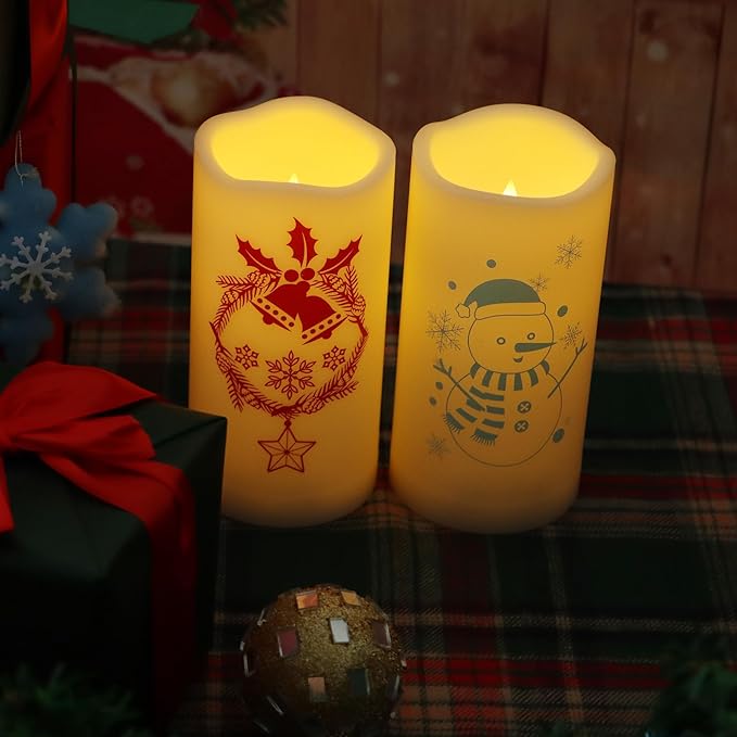 Outdoor Battery Operated Flameless Pillar Candles Auto Daily Timer Waterproof Realistic Flickering Electric LED Lights Wreath Jingle Bell Snowman Decals Christmas Decoration 3”X6” 2 Pack-VerdiqueGarden