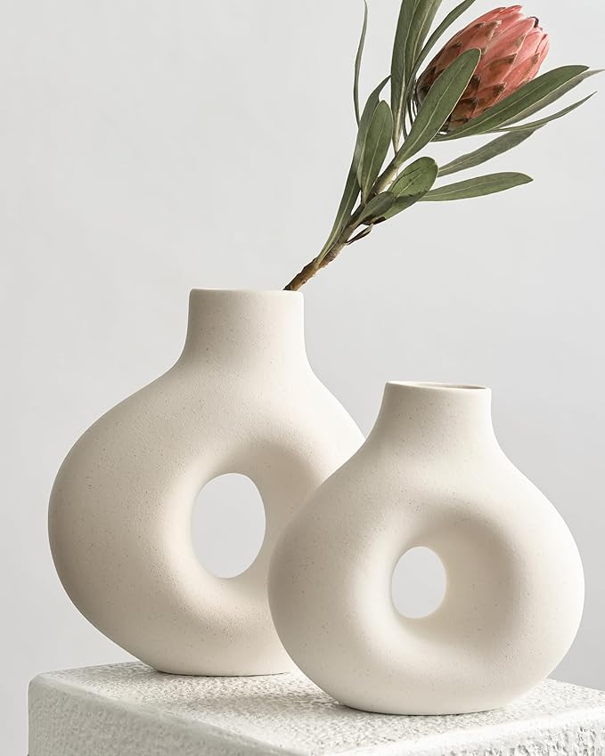 NOBULA White Ceramic Donut Vases – Modern Home Decor for Living Room, Bedroom & Table Centerpiece - Minimalist Nordic – Unique Vases for Olive Plant & Flowers – Decorative Coffee Table Vase Set of 2-VerdiqueGarden