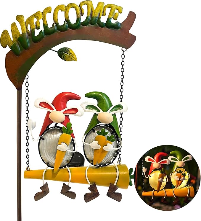 HONGLAND Solar Lights Outdoor Decor, Rabbit Swing Garden Decor, Funny Gardening Gifts for Women Mom, Gnomes Outdoor Decorations with Welcome Sign for Front Porch Patio-VerdiqueGarden