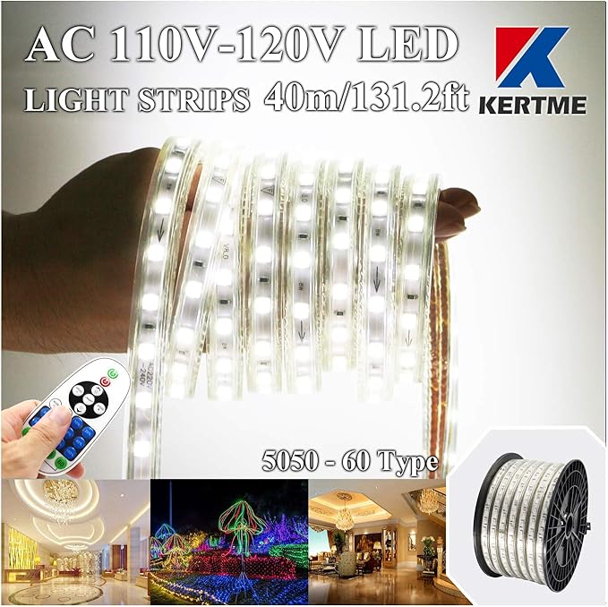 5050-60 Type AC 110-120V White LED Strip Lights, Flexible/Waterproof/Dimmable/Multi-Modes LED Rope Light + 23 Keys Remote for Home/Garden/Building Decoration (131.2ft/40m, White 6000K)-VerdiqueGarden