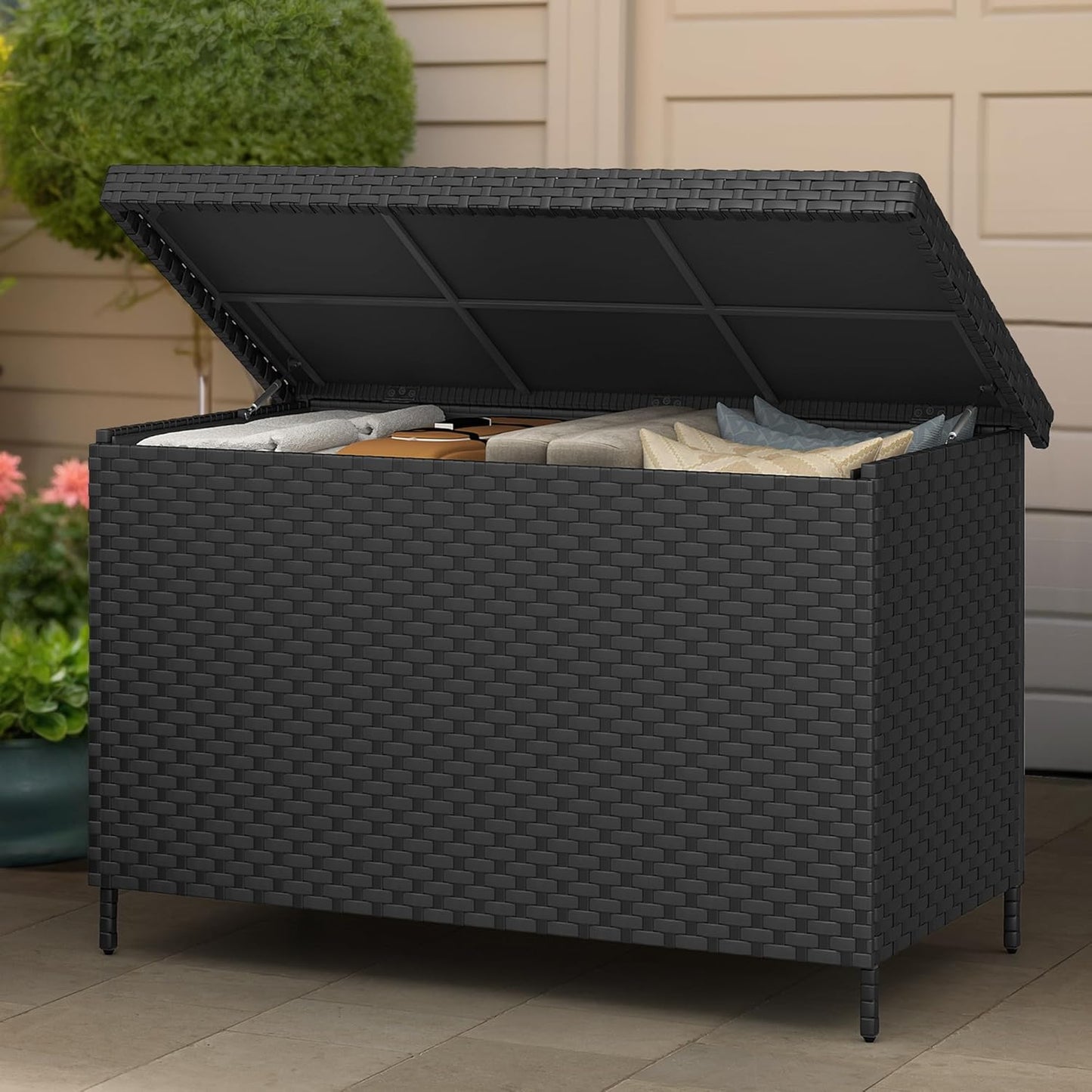 YITAHOME 230 Gallon Wicker Deck Box, XXL All-Weather Outdoor Storage Box, Rattan Storage Bin for Patio Furniture, Outdoor Cushions, Pool Storage and Garden Tools - Black-VerdiqueGarden