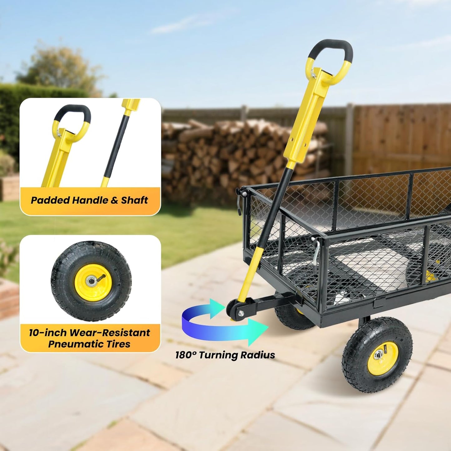 950 lbs Steel Garden Cart, Heavy Duty Yard Utility Wagon with 10" Pneumatic Tires, Removable Mesh Sides and 180° Rotating Anti-Slip 2-in-1 Convertible Handle-VerdiqueGarden