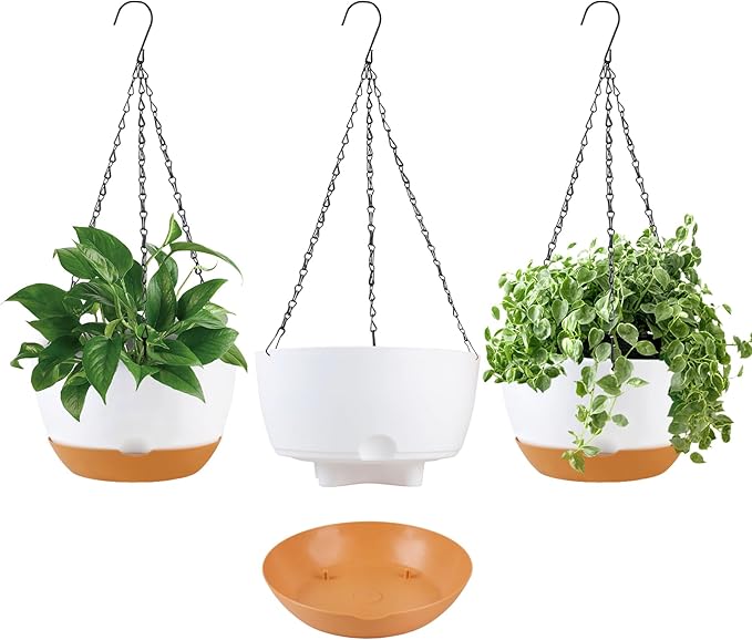 10 inch Hanging Planters Self Watering Pots for Indoor Plants, 3 Pack Plastic Hanging Basket with Removable Tray for Home Garden Porch Balcony Patio Decor (White)-VerdiqueGarden