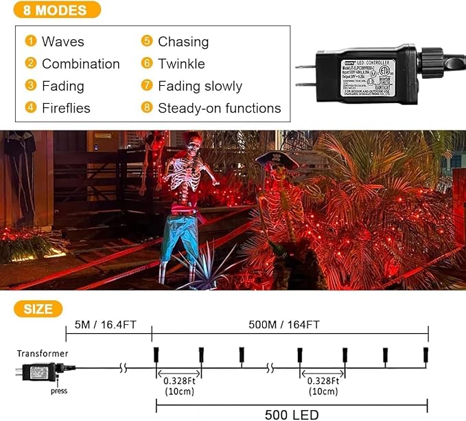 weillsnow 164FT 500 LED Orange Halloween Lights, 8 Modes Waterproof Plug in String Lights for Halloween Indoor Outdoor Yard Party Wedding Garden Home Decorations (Orange)-VerdiqueGarden