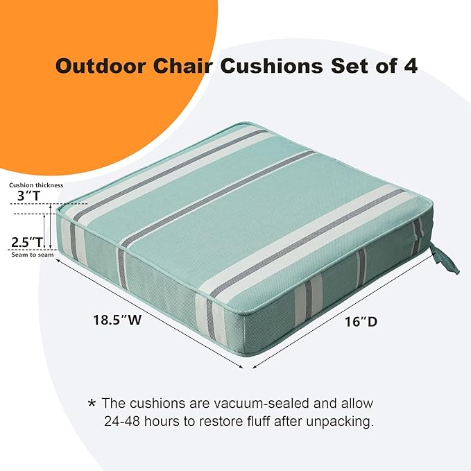 Square Corner Seat Cushions, 18.5" x 16" x 3", Set of 4, Indoor Outdoor Water Repellent Universal Chair Pads with Ties for Patio Furniture, Garden Deck Dining Chairs, Aqua Stripe-VerdiqueGarden