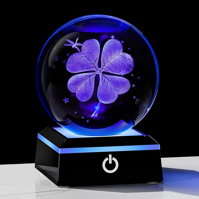 Qianwei 3D Four Leaf Clover 80mm Crystal Ball Good Luck Gifts Ideas with Multicolor Lighting Base - Irish Gifts for Women Decor 4 Leaf Clover-VerdiqueGarden