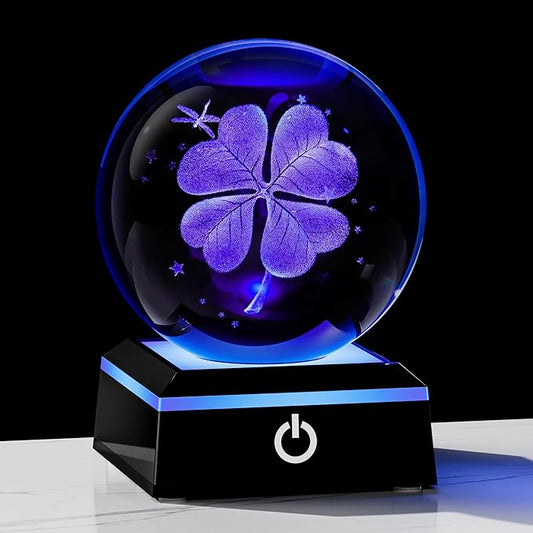 Qianwei 3D Four Leaf Clover 80mm Crystal Ball Good Luck Gifts Ideas with Multicolor Lighting Base - Irish Gifts for Women Decor 4 Leaf Clover-VerdiqueGarden