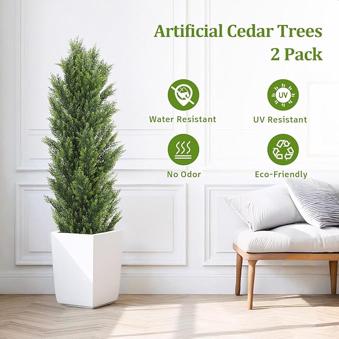 THE BLOOM TIMES 5ft Topiary Trees Artificial Outdoor – UV Resistant Faux Cedar Pine Cypress Bushes and Shrubs, Fake Potted Plants for Front Porch Outside Planter Patio Decor, Set of 2 (5 Foot)-VerdiqueGarden