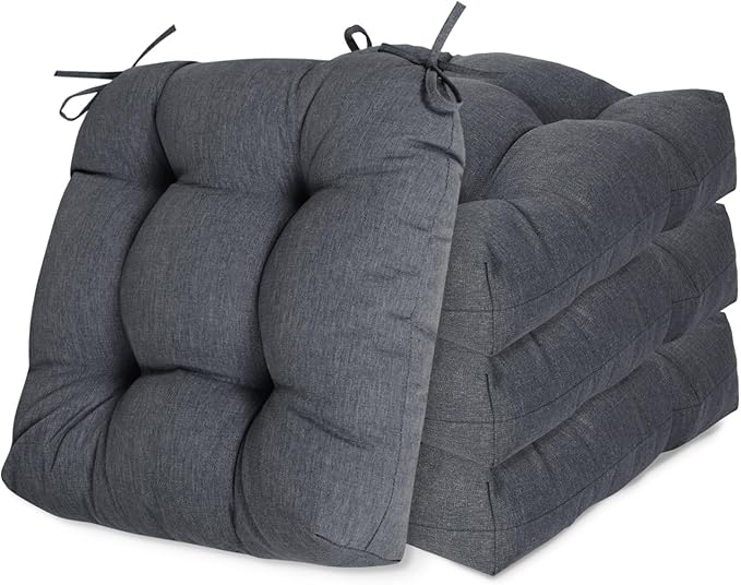 Aoodor 19" x 19" x 5" Tufted Outdoor Chair Cushions, Water Resistant & Fade Resistant Polyester Dining Chair Pads with 2 Straps for Patio Furniture, Set of 4-VerdiqueGarden