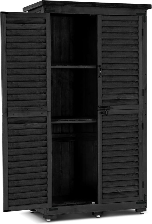 MCombo Outdoor Storage Cabinet, Garden Storage Shed, Outside Vertical Shed with Lockers, Outdoor 63 Inches Wood Tall Cabinet for Yard and Patio 0870 (Black)-VerdiqueGarden