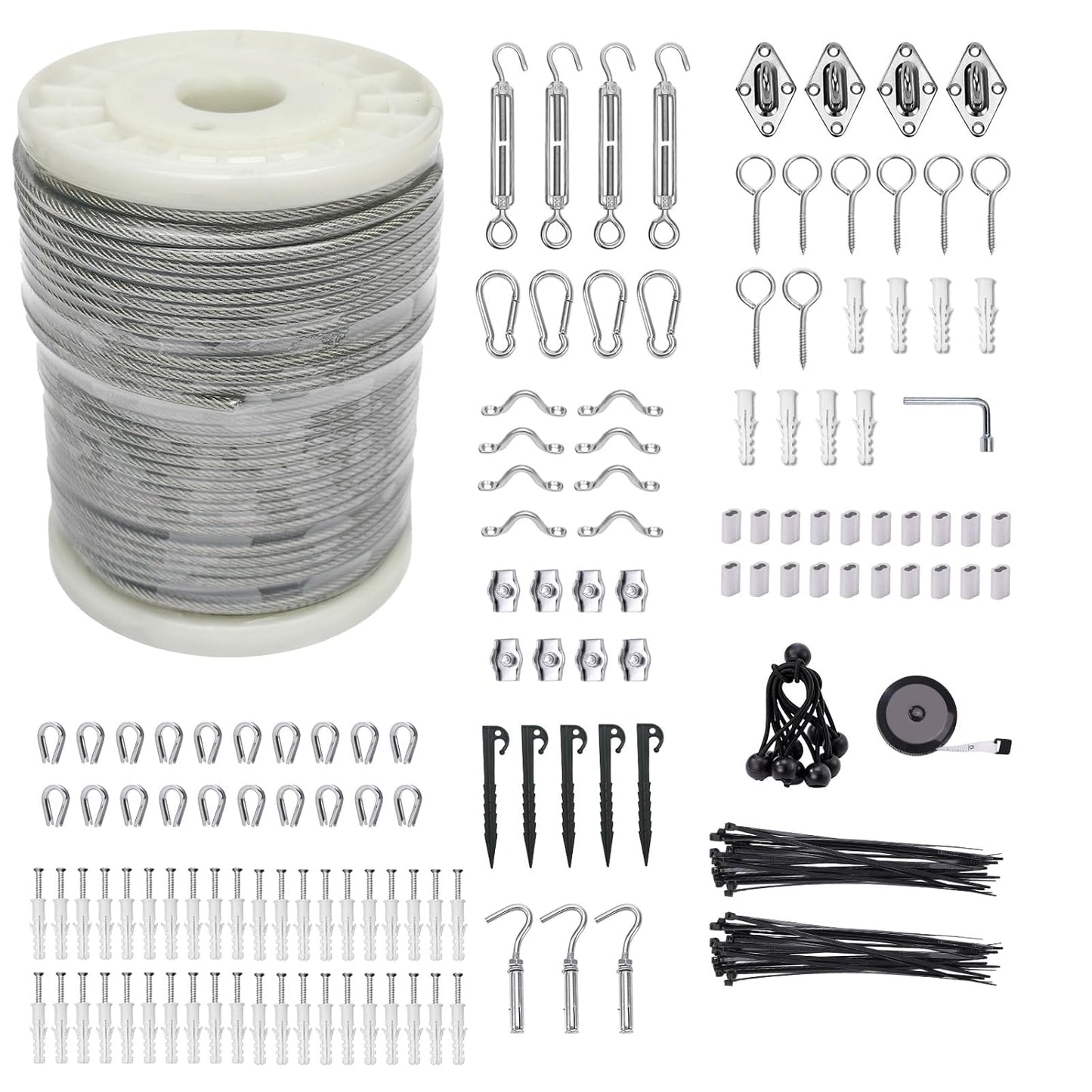1/8" Wire Cable Rope Kit ，Vinyl Coated 304 Stainless Steel Wire – 200FT 7x7 Strand Cable with Turnbuckles，Shade Sail & Hanging Lights Hardware Kit for Outdoor, Garden,Patio, Crafts,-VerdiqueGarden