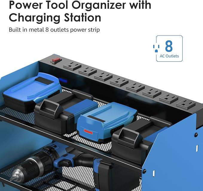 CCCEI Set Power Tool Organizer Wall Mount with Charging Station. Garage 4 Drill Storage Shelf with Hooks, Heavy Duty Metal Tool Battery Charger Organizer. Shop Utility Rack with Power Strip Blue.-VerdiqueGarden