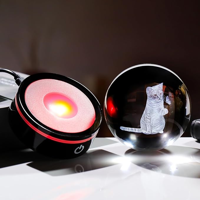 YWHL 3D Crystal Ball Cat Gifts for Women Cat Lover for Christmas Birthday, Laser Cat and Butterfly Figurine with LED Base, Cat Ornament Glass Decorative Ball Globe Night Light for Home Decor (80mm)-VerdiqueGarden