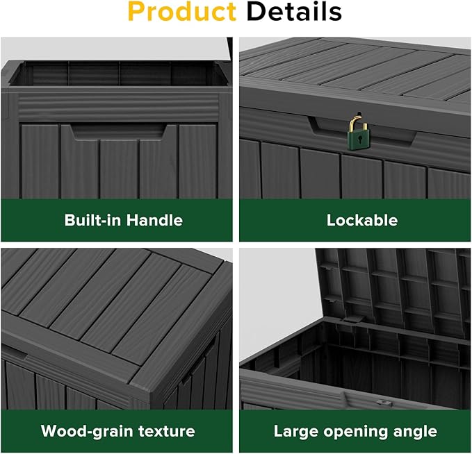 45 Gallon Resin Deck Box, Waterproof Outdoor Storage Bin for Patio, Poolside, and Garden, Lockable & UV-Resistant, Ideal for Small Spaces, Black-VerdiqueGarden