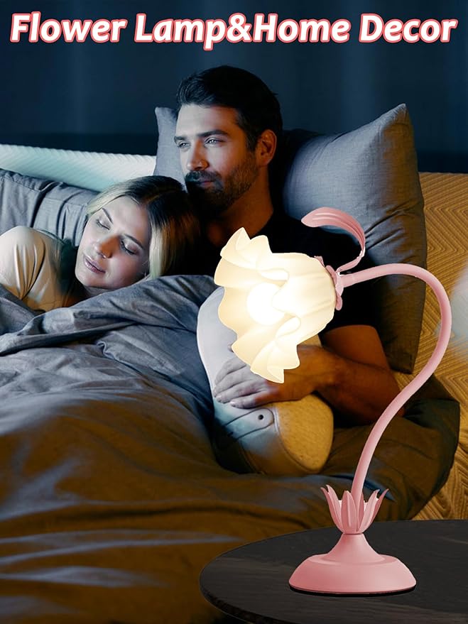 Flower Table Lamp,LED Reading Light Bedside Vintage Flower Night Light,3 Colors Modes Kawaii Bedside Lamps Decor,Living Room Bedroom Room Lighting Table Lamps Home Decoration (Pink)-VerdiqueGarden