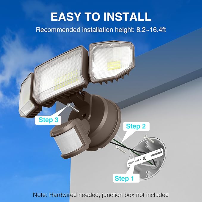 85W LED Security Lights Motion Sensor Light Outdoor, 8500LM Dusk to Dawn, IP65 Waterproof, 6500K, 3 Head Motion Detected Flood Light, Floodlight for Outside, Garage, Yard, Porch (Brown)-VerdiqueGarden