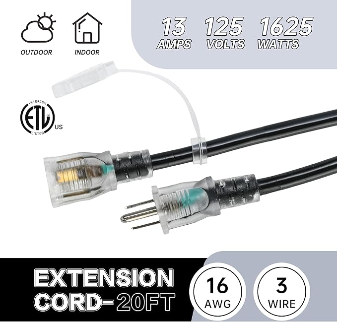 20FT 16 Gauge Multi-Outlet Extension Cord, 4 Evenly Spaced Weatherproof Outlets, Great for Stage Backdrops, Landscape Garden Lighting, Christmas Decorations ETL-VerdiqueGarden