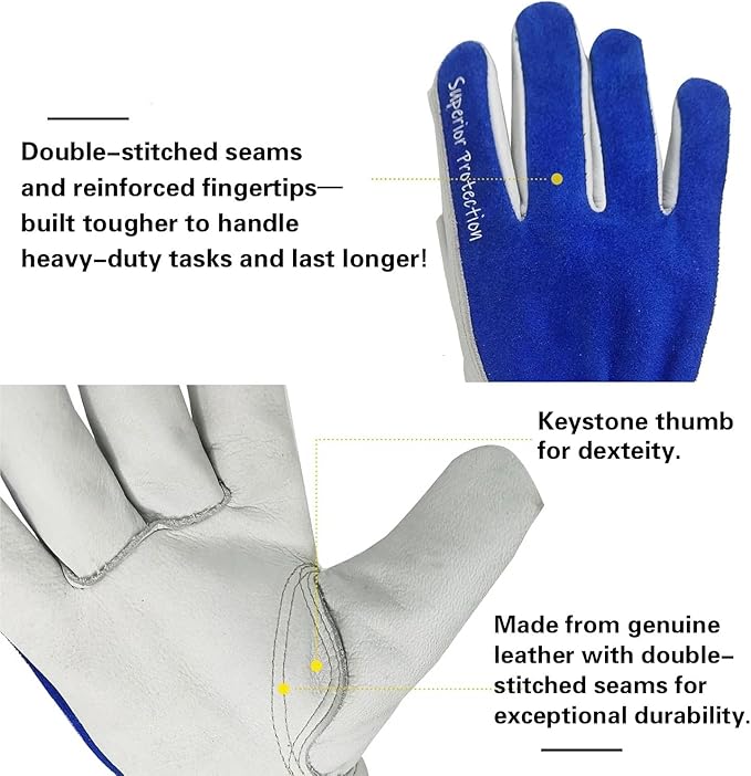 12 Pairs Bulk Leather Work Gloves for Men or Women for Construction, Wood cutting, Driving, Gardening, Automotive Repair, Water Resistant, Soft, Cowhide, Class 4 Abrasion Resistant, Blue-White, L-VerdiqueGarden